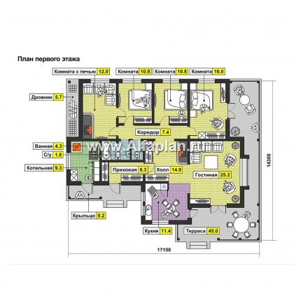 Проекты домов Альфаплан - Комфортабельный одноэтажный дом из бруса - превью плана проекта №1
