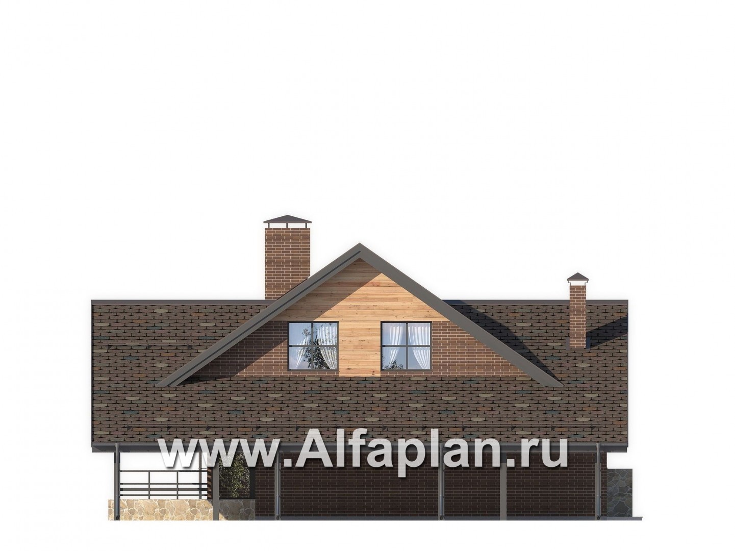 Проект современного дома с мансардой, с угловой террасой и с навесом на 2 авто - фасад дома