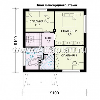 Проект дома с мансардой, 3 спальни, открытая планировка, гостевая комната на 1 эт - превью план дома