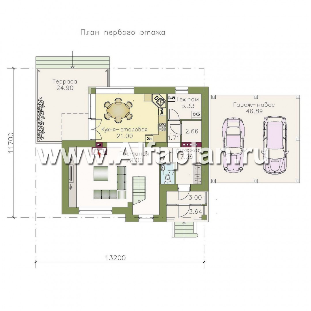 Проекты домов Альфаплан - «Дипломат Плюс» - дом с бильярдной и гаражом-навесом - план проекта №1