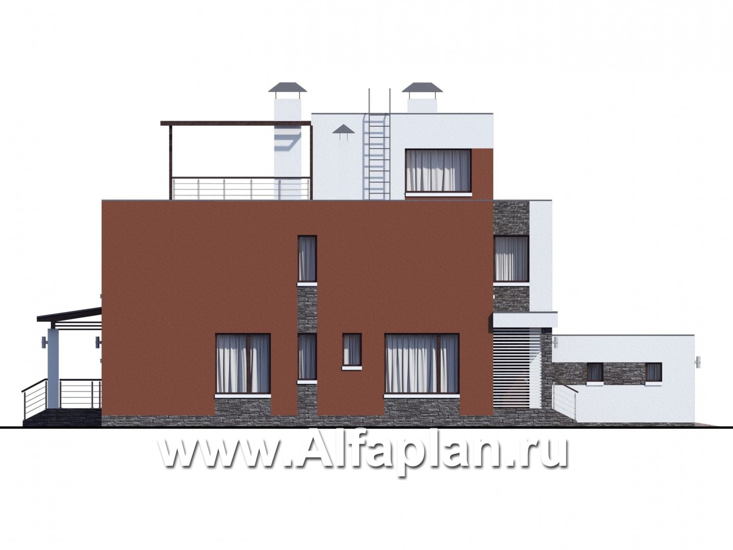 Проекты домов Альфаплан - «Альстер» — трехэтажный коттедж с гаражом и эксплуатируемой кровлей - изображение фасада №3
