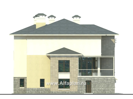 Проекты домов Альфаплан - «Три  семерки» - проект трехэтажного дома, гараж в цоколе, второй свет и панорамные окна, современный дизайн дома - превью фасада №3