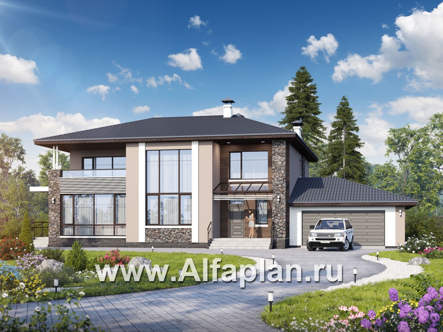 Проекты домов Альфаплан - «Семь звезд» - современный коттедж с панорамными окнами и гаражом - основное изображение