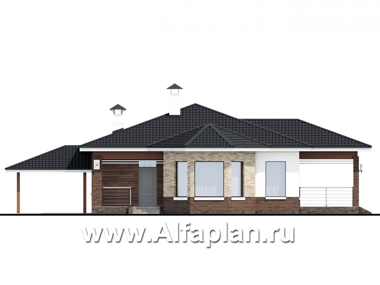 Проекты домов Альфаплан - «Гемера» - проект одноэтажного дома, из газобетона, с эркером и террасой, навес на 1 авто - изображение фасада №1