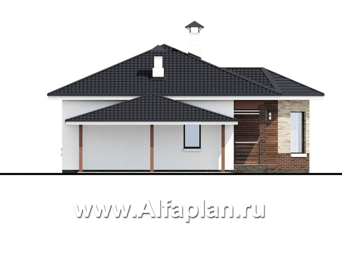 Проекты домов Альфаплан - «Гемера» - проект одноэтажного дома, из газобетона, с эркером и террасой, навес на 1 авто - изображение фасада №3