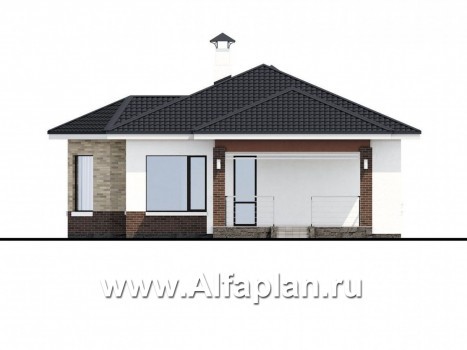 Проекты домов Альфаплан - «Гемера» - проект одноэтажного дома, из газобетона, с эркером и террасой, навес на 1 авто - превью фасада №2