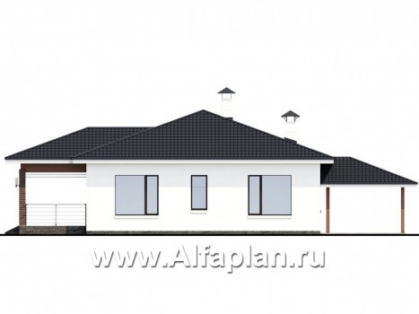 Проекты домов Альфаплан - «Гемера» - проект одноэтажного дома, из газобетона, с эркером и террасой, навес на 1 авто - превью фасада №4