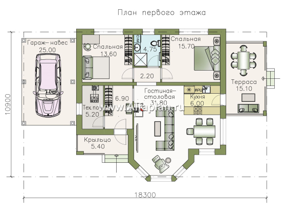 «Гемера» - проект одноэтажного дома, из газобетона, с эркером и террасой, навес на 1 авто - превью план дома