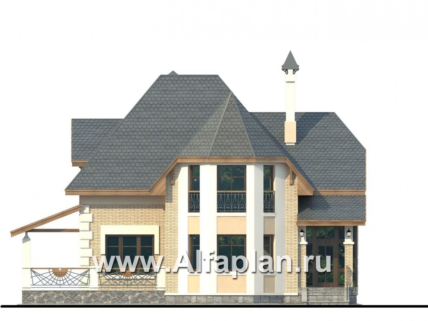 Проекты домов Альфаплан - «Клио» - коттедж из газобетона с угловой террасой - изображение фасада №1