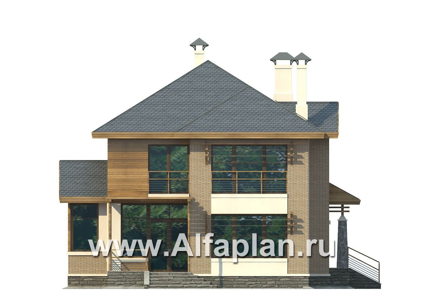 Проекты домов Альфаплан - «Вектор» - проект двухэтажного дома из газобетона с кабинетом и с террасой - изображение фасада №4