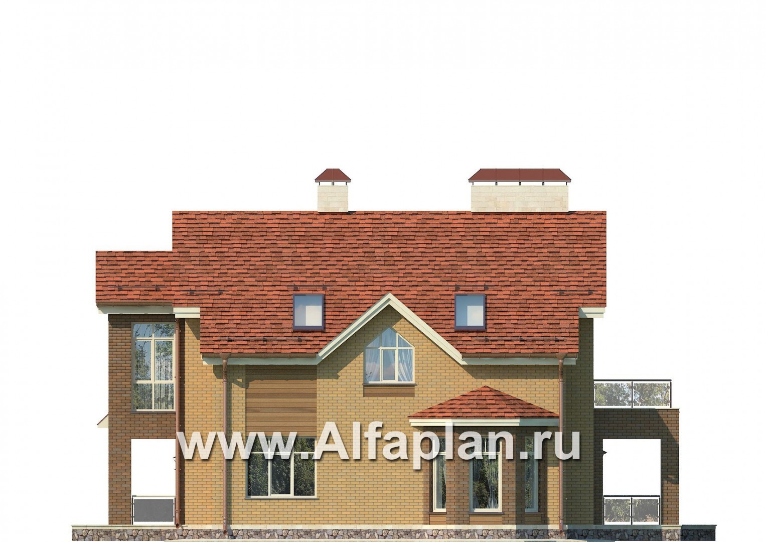 Проект дома с мансардой, план с эркером и с террасой, с гаражом - фасад дома