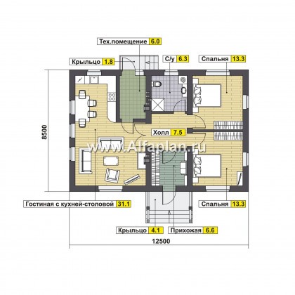 Проект одноэтажного дома из газобетона, фасад из вагонки, 2 спальни. Гостевой дом, дача - превью план дома