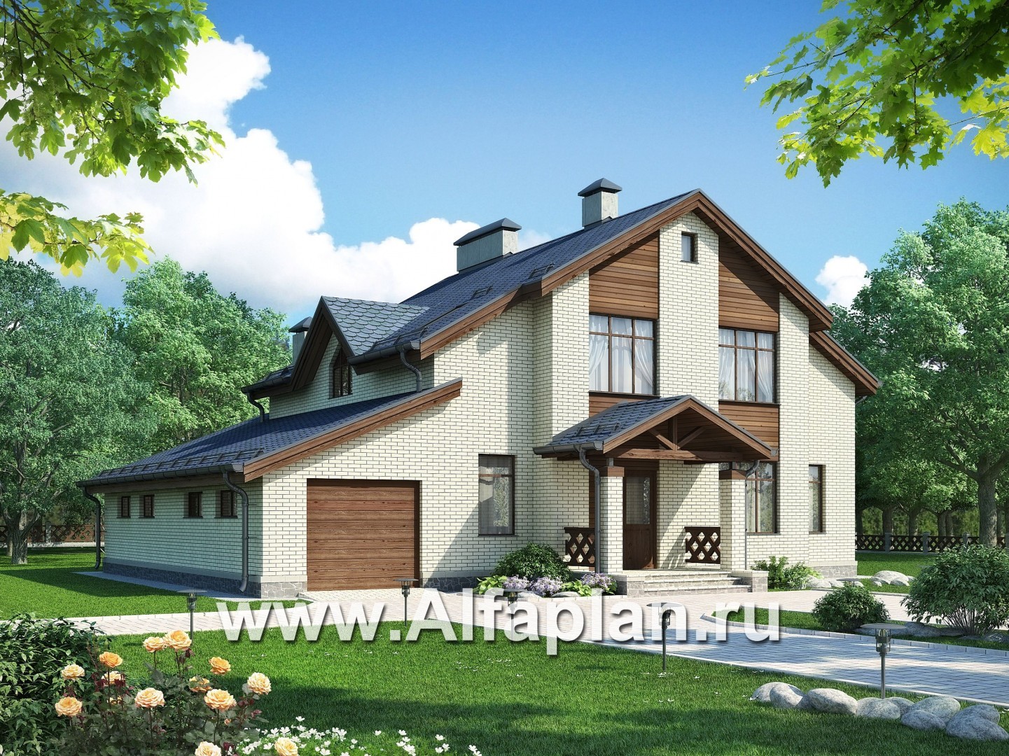 Проект двухэтажного дома из газобетона, планировка с гостевой на 1 эт, с террасой, в современном стиле - дизайн дома №1