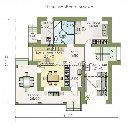 «Роман с камнем» — проект дома, 2 этажа, с двусветной гостиной и с террасой при входе - превью план дома