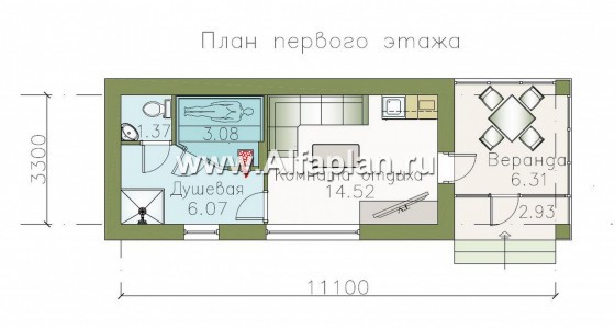 Проект бани с верандой на входе - превью план дома