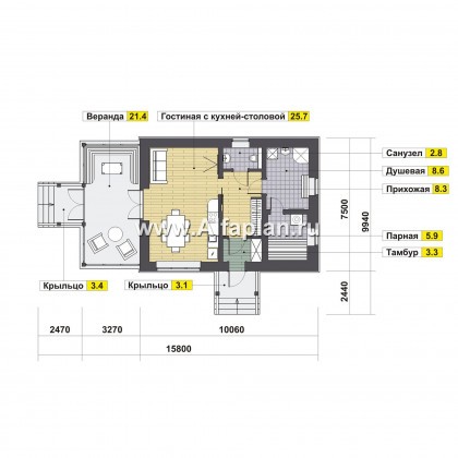 Проект бани с террасой, дом для отдыха, дача в современом стиле - превью план дома