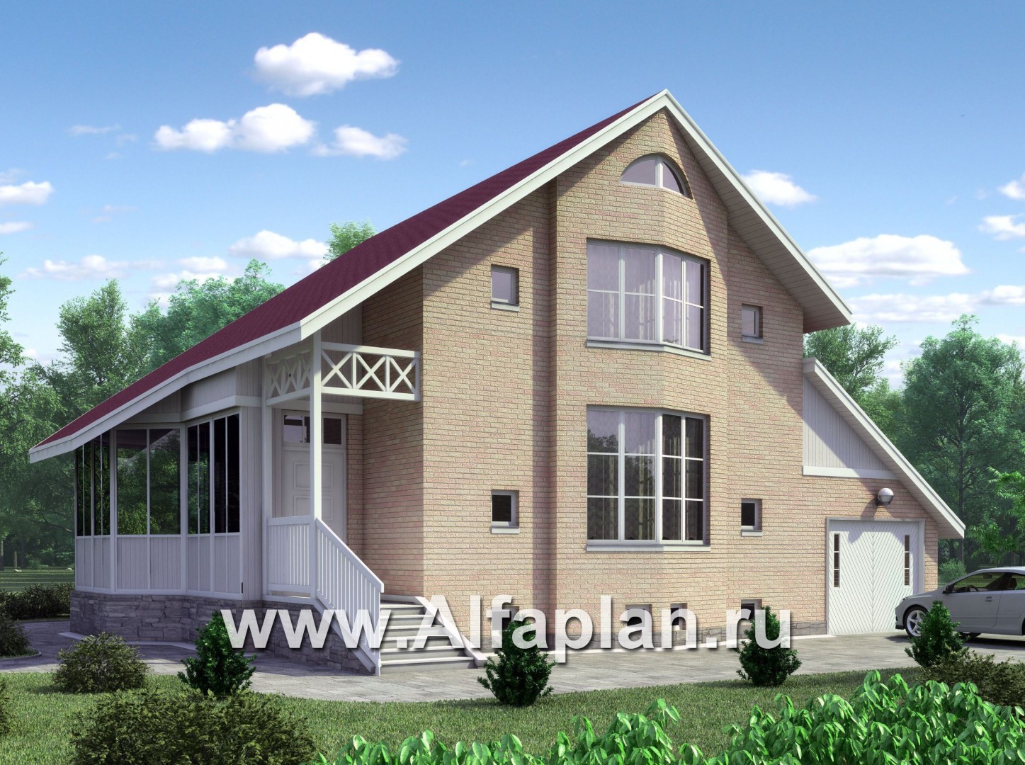 Проекты домов Альфаплан - «Конформ»  - загородный дом с гаражом и верандой - основное изображение
