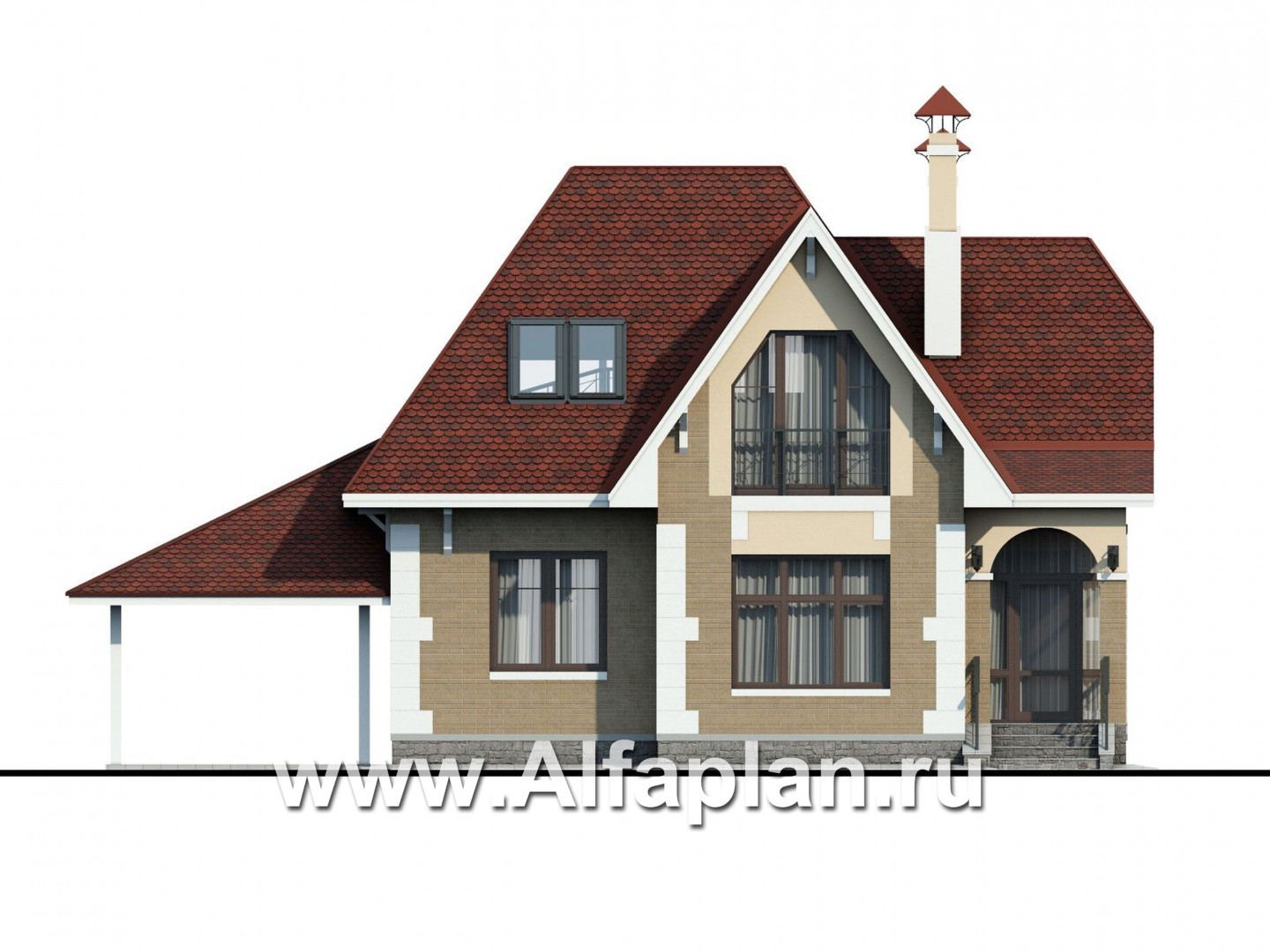 Проекты домов Альфаплан - «Летний вечер» - проект небольшого дома с мансардой и с террасой - изображение фасада №1
