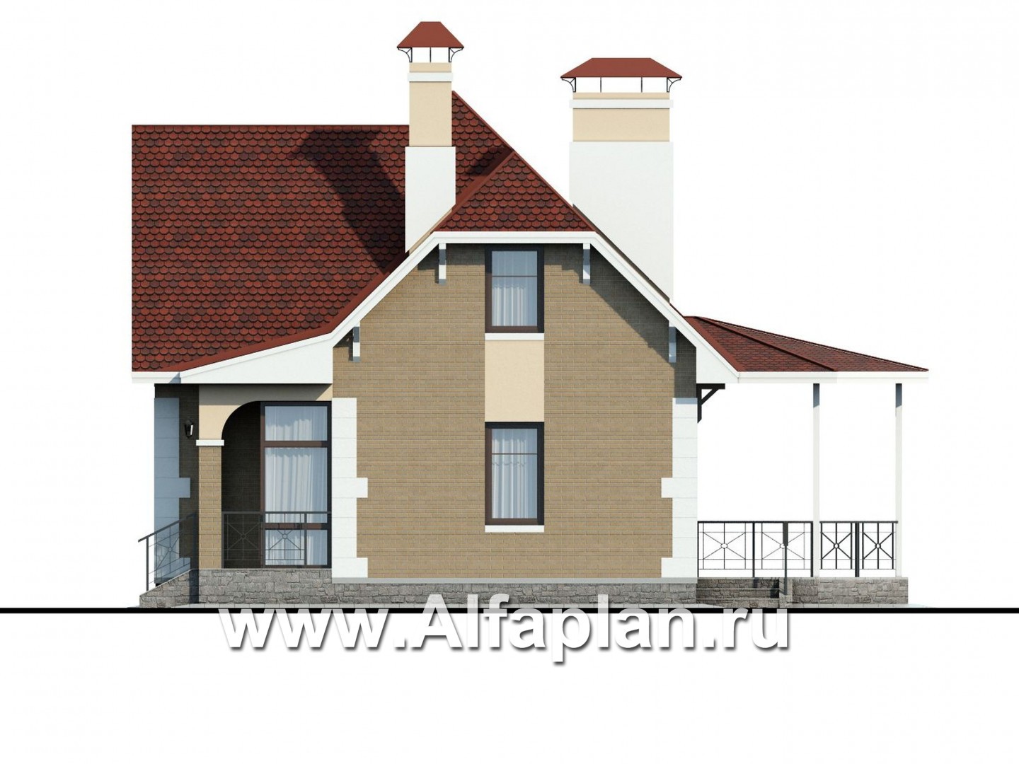 Проекты домов Альфаплан - «Летний вечер» - проект небольшого дома с мансардой и с террасой - изображение фасада №2