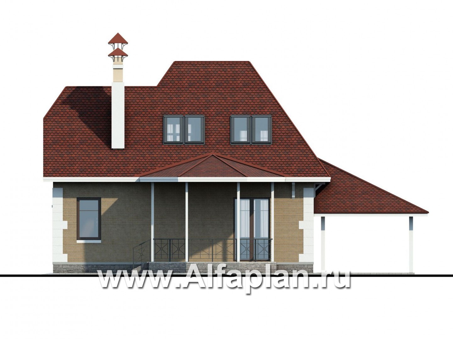 Проекты домов Альфаплан - «Летний вечер» - проект небольшого дома с мансардой и с террасой - изображение фасада №4