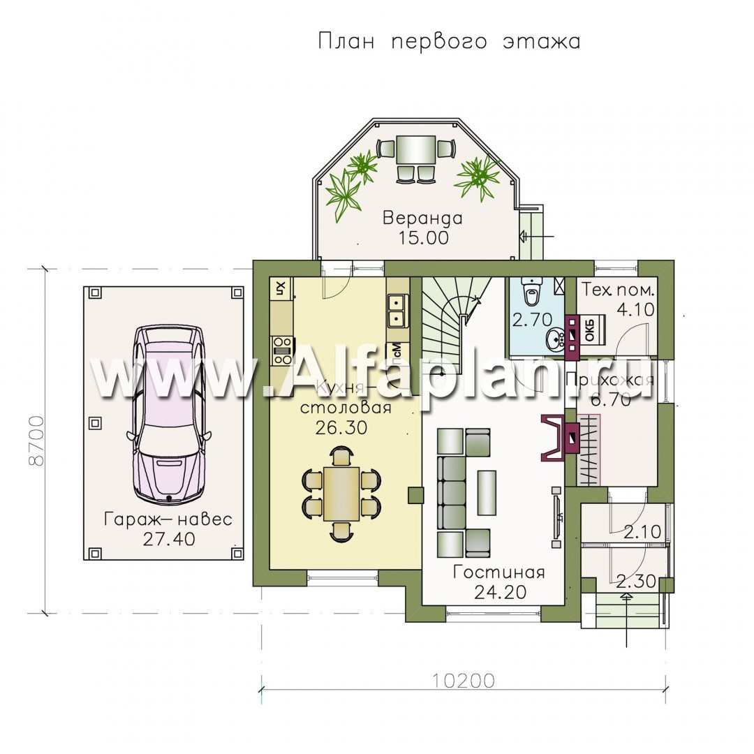 Проекты домов Альфаплан - «Летний вечер» - проект небольшого дома с мансардой и с террасой - изображение плана проекта №1