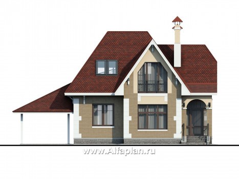 Проекты домов Альфаплан - «Летний вечер» - проект небольшого дома с мансардой и с террасой - превью фасада №1