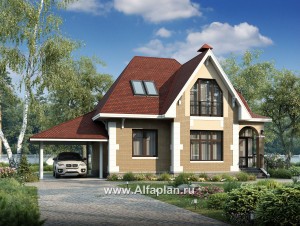 Проекты домов Альфаплан - «Летний вечер» - проект небольшого дома с мансардой и с террасой - превью основного изображения