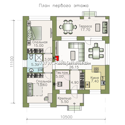 «Онега» - проект одноэтажного дома из газобетона, 2 спальни, с террасой, отличная планировка - превью план дома