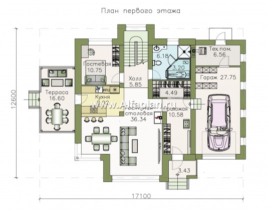 «Арктур» - проект дома с мансардой, из газобетона, с сауной и с террасой, с гаражом, современный стиль - превью план дома