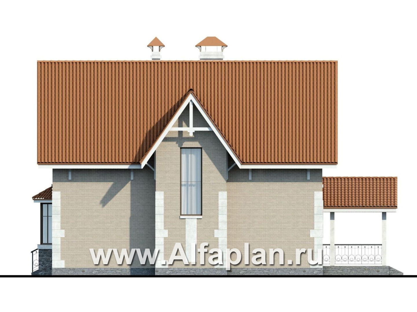 Проекты домов Альфаплан - «Примавера» - проект дома с мансардой, с эркером и террасой, с навесом на 1 авто, в английском стиле - изображение фасада №2