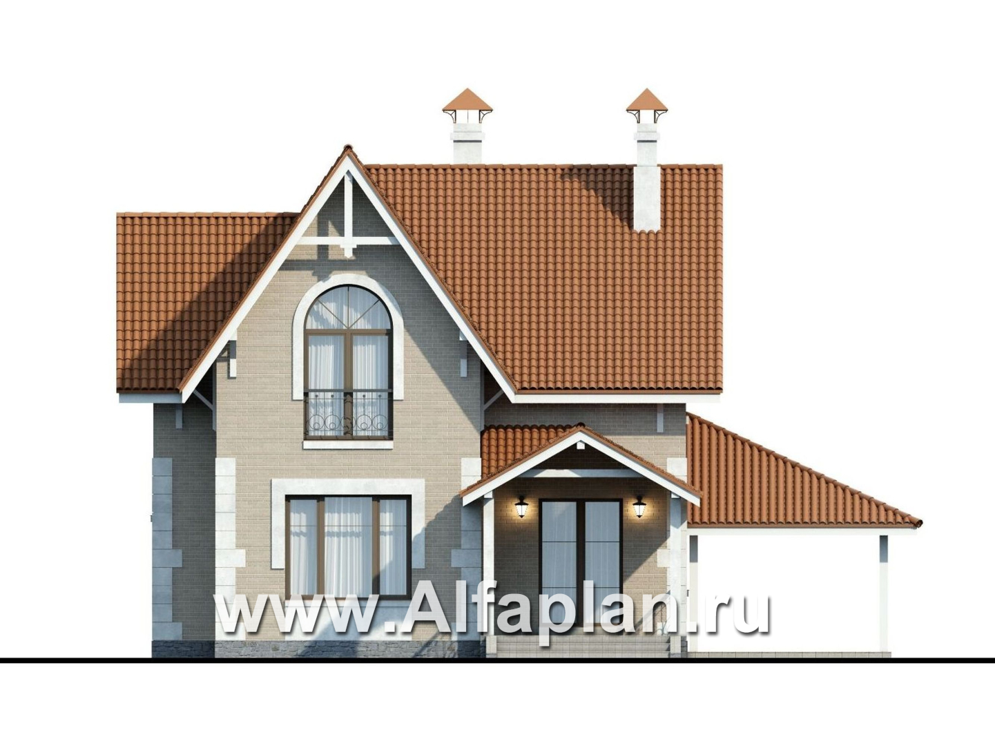 Проекты домов Альфаплан - «Примавера» - проект дома с мансардой, с эркером и террасой, с навесом на 1 авто, в английском стиле - изображение фасада №4