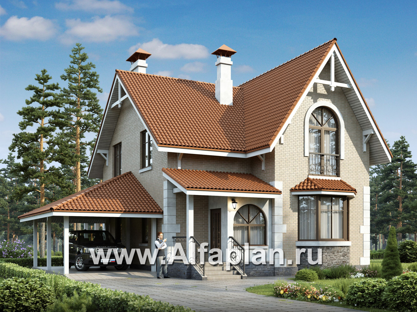 Проекты домов Альфаплан - «Примавера» - проект дома с мансардой, с эркером и террасой, с навесом на 1 авто, в английском стиле - основное изображение