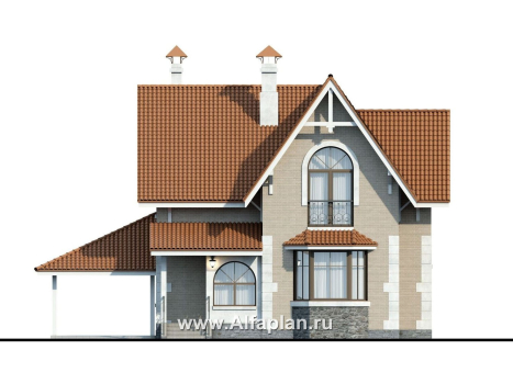 Проекты домов Альфаплан - «Примавера» - проект дома с мансардой, с эркером и террасой, с навесом на 1 авто, в английском стиле - превью фасада №1