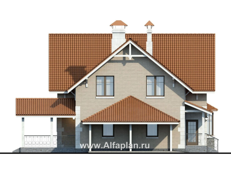 Проекты домов Альфаплан - «Примавера» - проект дома с мансардой, с эркером и террасой, с навесом на 1 авто, в английском стиле - превью фасада №3