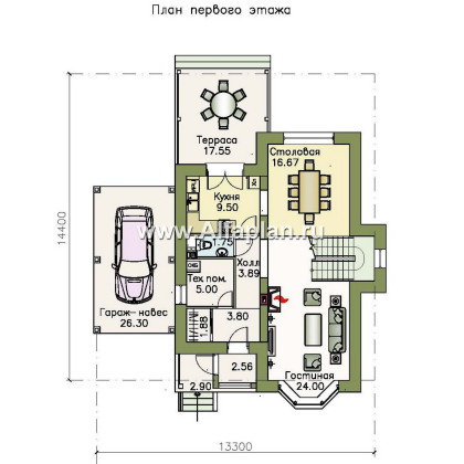 Проекты домов Альфаплан - «Примавера» - проект дома с мансардой, с эркером и террасой, с навесом на 1 авто, в английском стиле - превью плана проекта №1