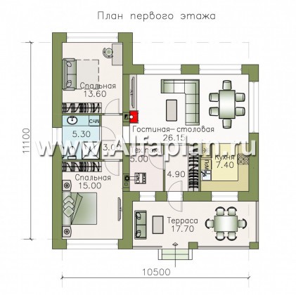 «Онега» - проект одноэтажного дома из газобетона, 2 спальни, с террасой со стороны входа, отличная планировка - превью план дома