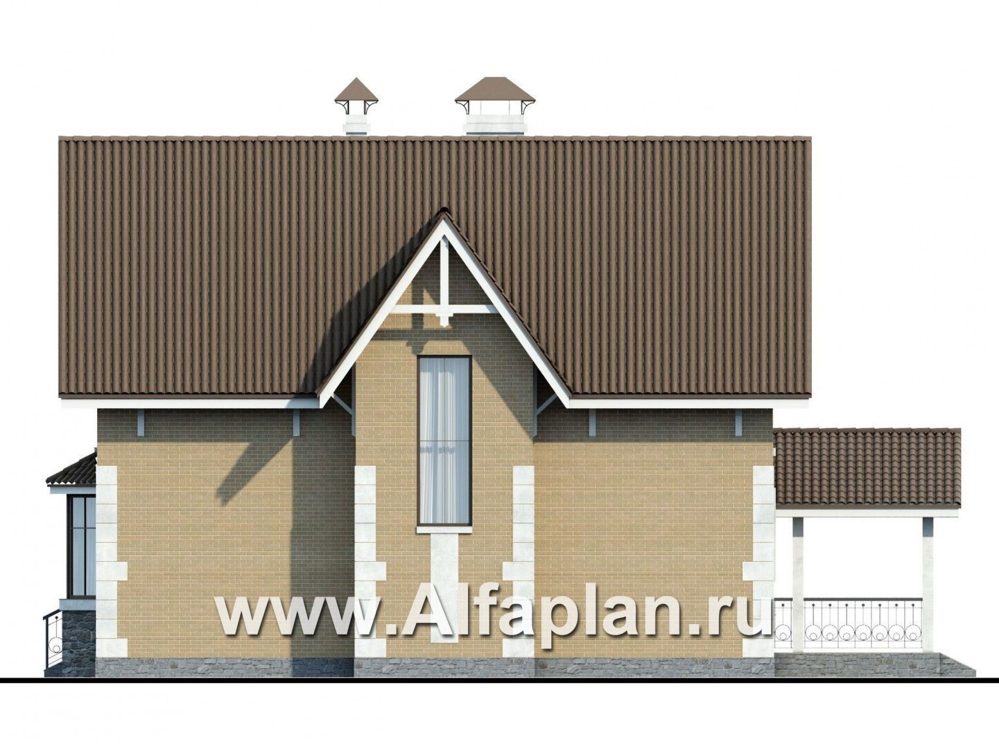 Проекты домов Альфаплан - «Примавера» - проект дома с мансардой, с эркером и террасой, в английском стиле - изображение фасада №2