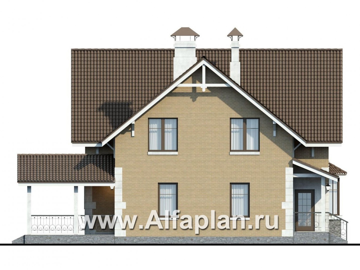 Проекты домов Альфаплан - «Примавера» - проект дома с мансардой, с эркером и террасой, в английском стиле - изображение фасада №3
