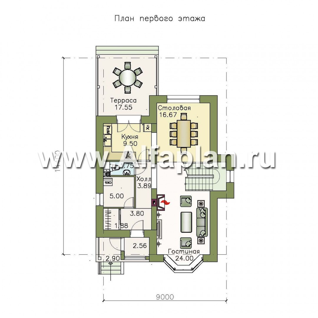 Проекты домов Альфаплан - «Примавера» - проект дома с мансардой, с эркером и террасой, в английском стиле - изображение плана проекта №1