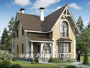 Проекты домов Альфаплан - «Примавера» - проект дома с мансардой, с эркером и террасой, в английском стиле - превью основного изображения