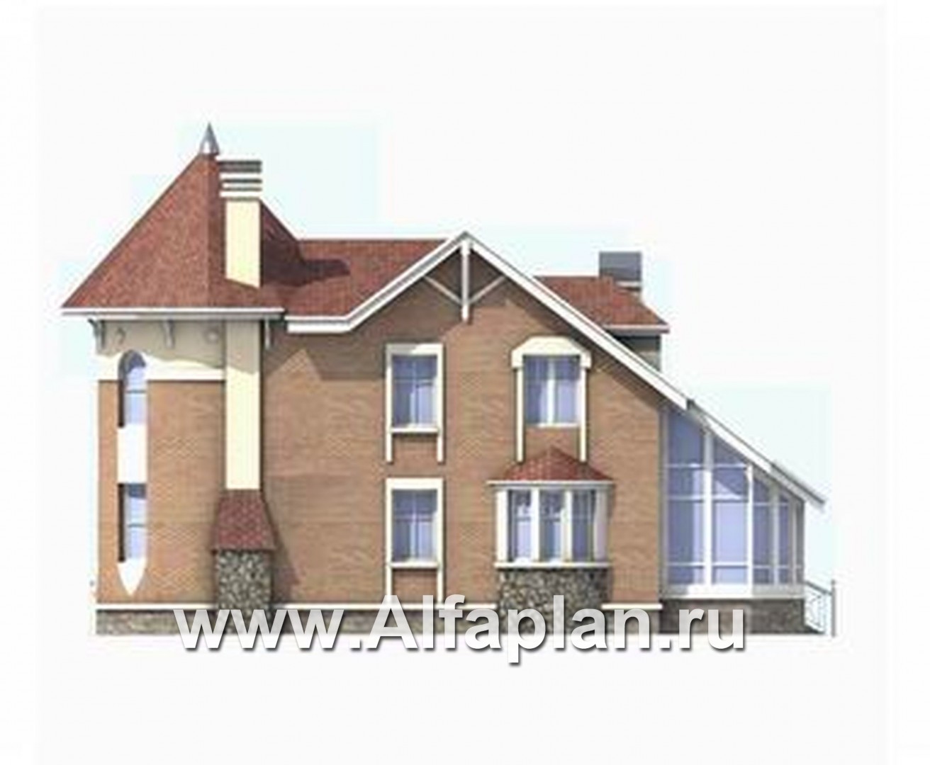 «Брат» - проект двухэтажного дома дуплекс, с эркером башня, с арками на входе - фасад дома