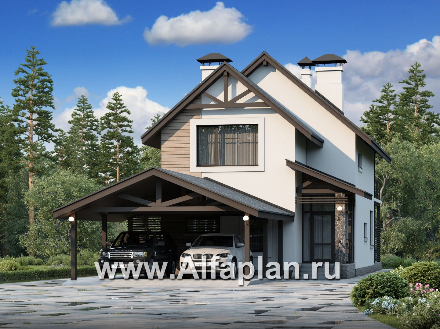 Проекты домов Альфаплан - «Гольфстрим» - дом с навесом для 2-х машин для узкого участка - основное изображение