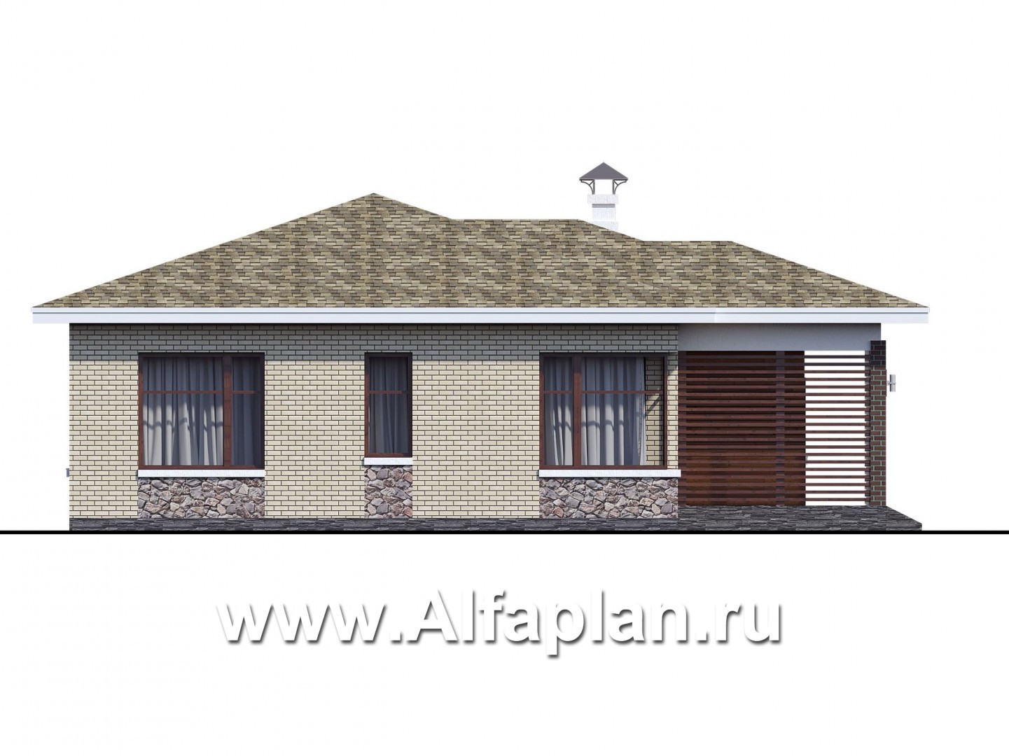 Проекты домов Альфаплан - Проект одноэтажного дома с угловыми окнами - изображение фасада №3