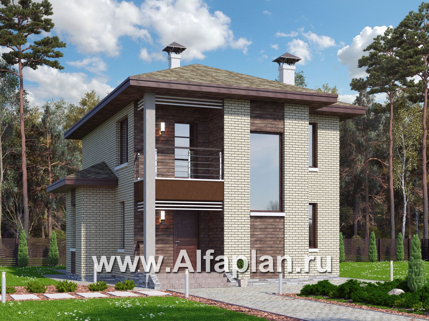 Проекты домов Альфаплан - "Рациональ" - проект двухэтажного дома из кирпича, с балконом - основное изображение
