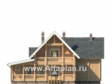 Проекты домов Альфаплан - Деревянный дом с террасой и навесом для машины - превью фасада №2