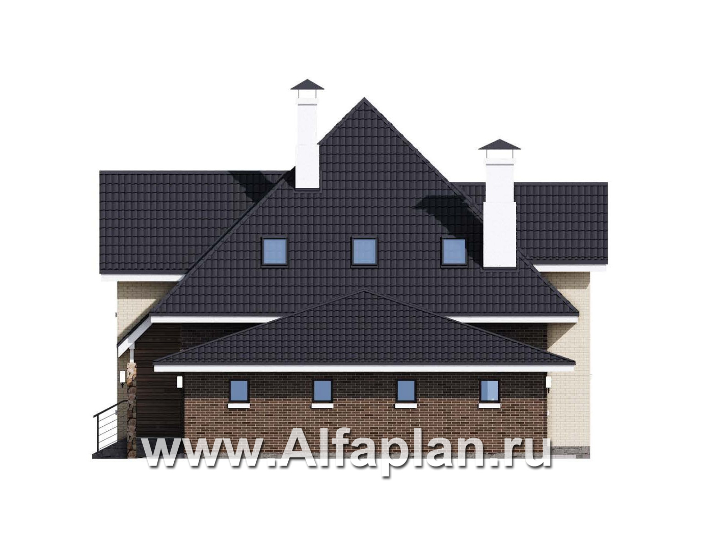 «Альтаир» - проект дома с мансардой, из кирпича или газобетона, фасад из штукатурки, с террасой и с гаражом, современный стиль - фасад дома