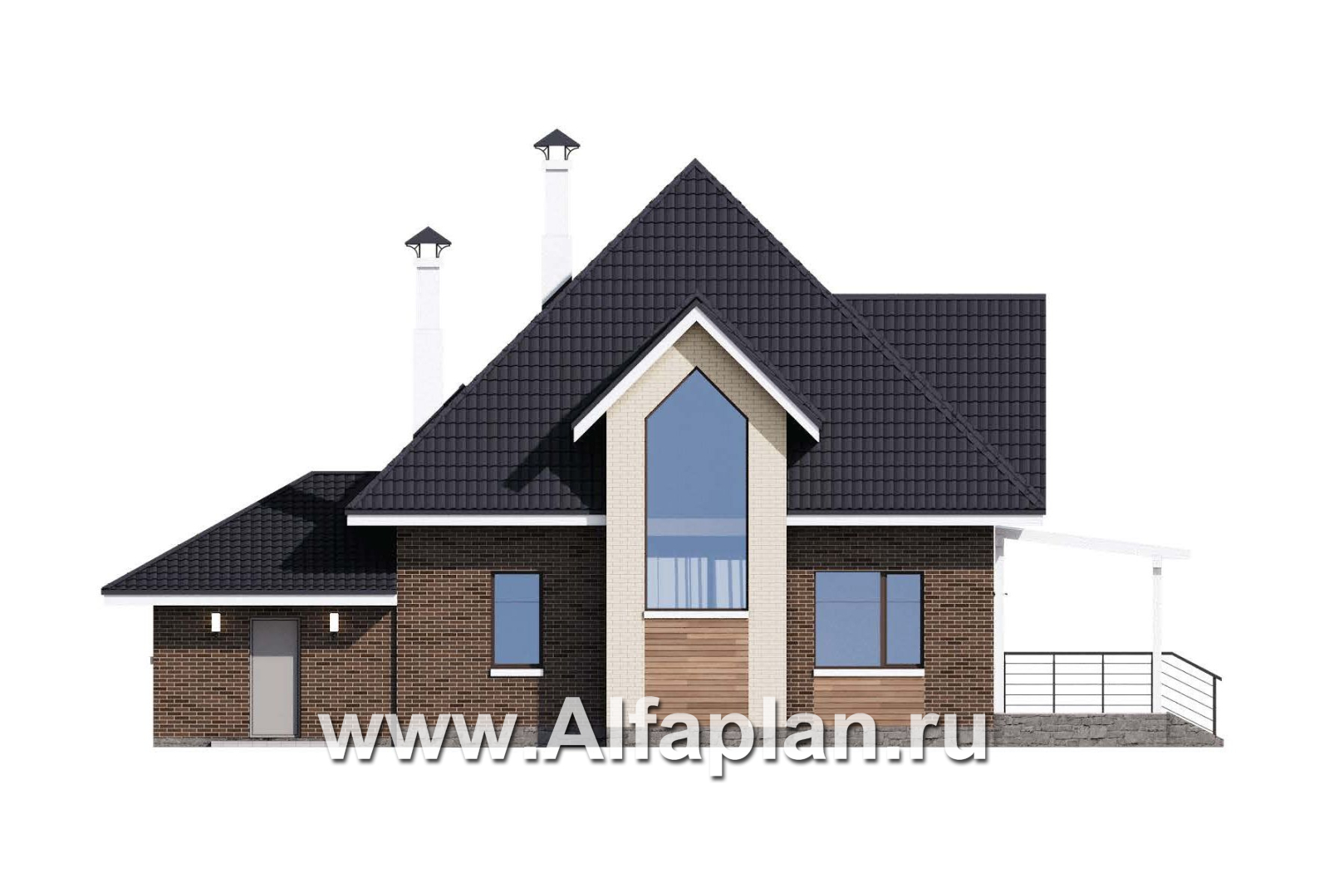 «Альтаир» - проект дома с мансардой, из кирпича или газобетона, фасад из штукатурки, с террасой и с гаражом, современный стиль - фасад дома