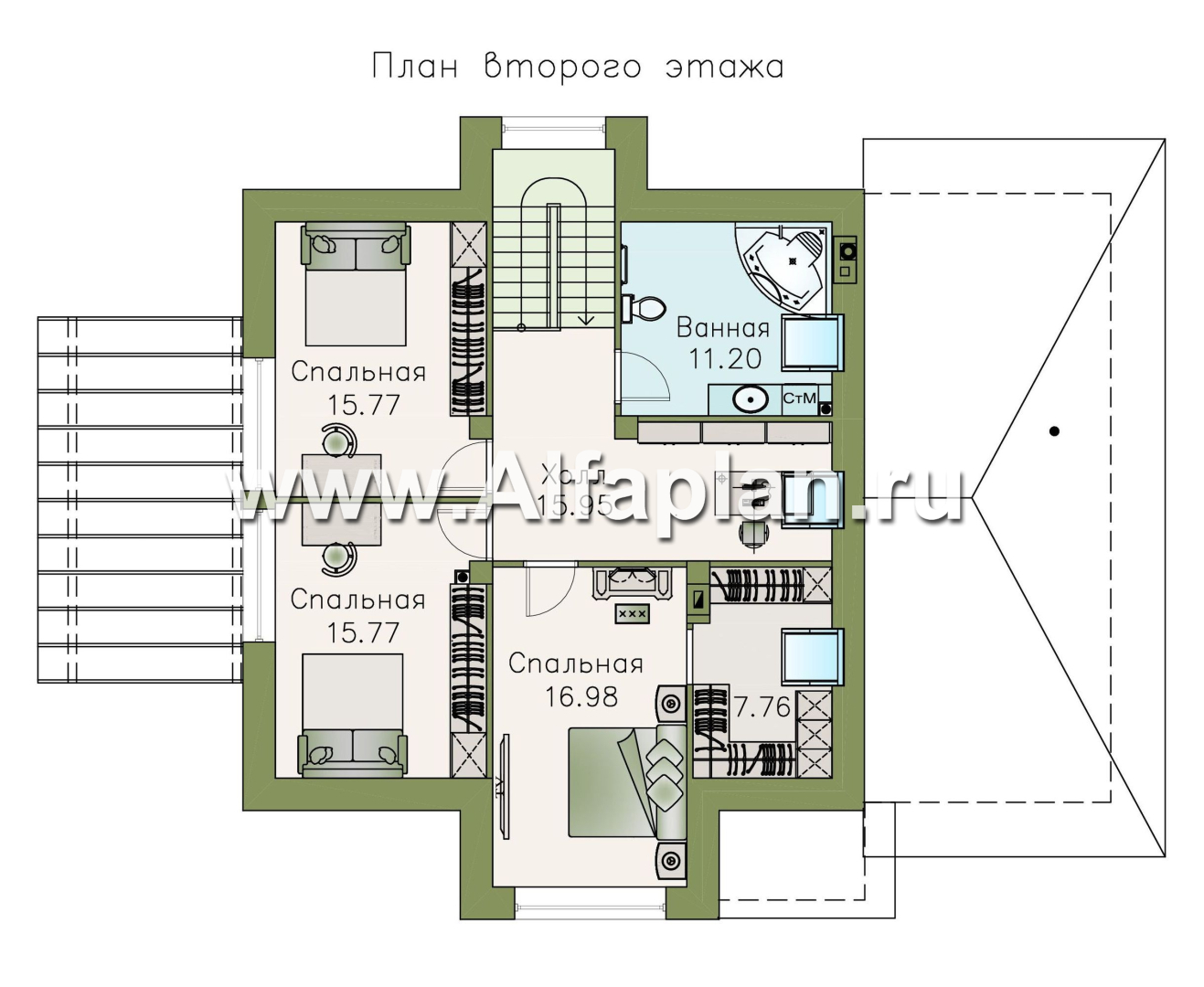 «Альтаир» - проект дома с мансардой, из кирпича или газобетона, фасад из штукатурки, с террасой и с гаражом, современный стиль - план дома