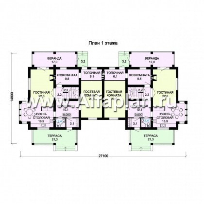 Проект двухэтажного дома, таунхаус, коттедж на две семьи - превью план дома