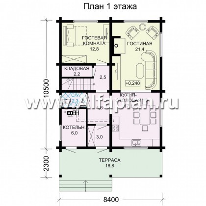 Проект двухэтажного дома из бруса, планировка с кабинетом и с террасой со стороны входа и балконом, в современном стиле - превью план дома